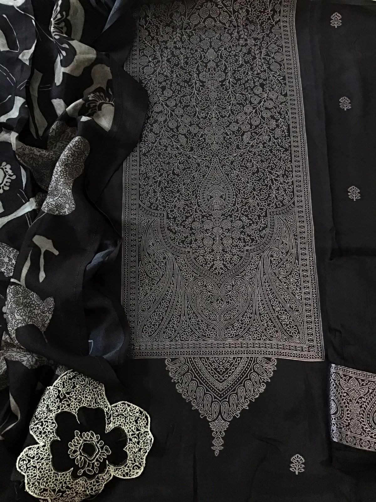Pure Upada Silk Printed Banarasi Weaved Embroidered Suit - Black