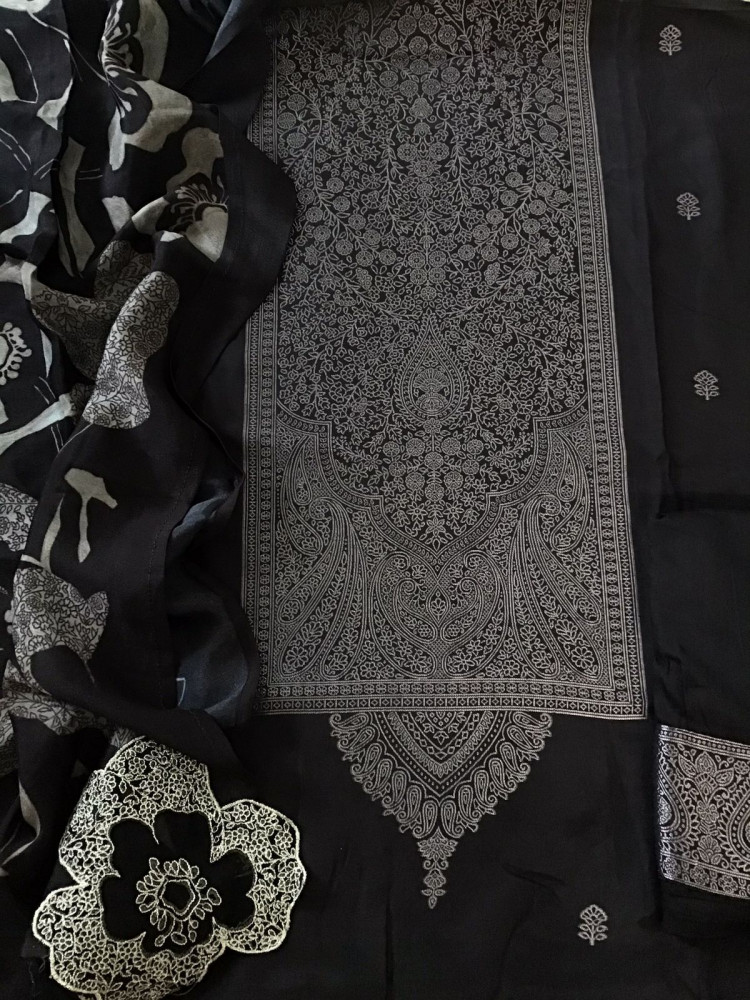 Image of Pure Upada Silk Printed Banarasi Weaved Embroidered Suit - Black