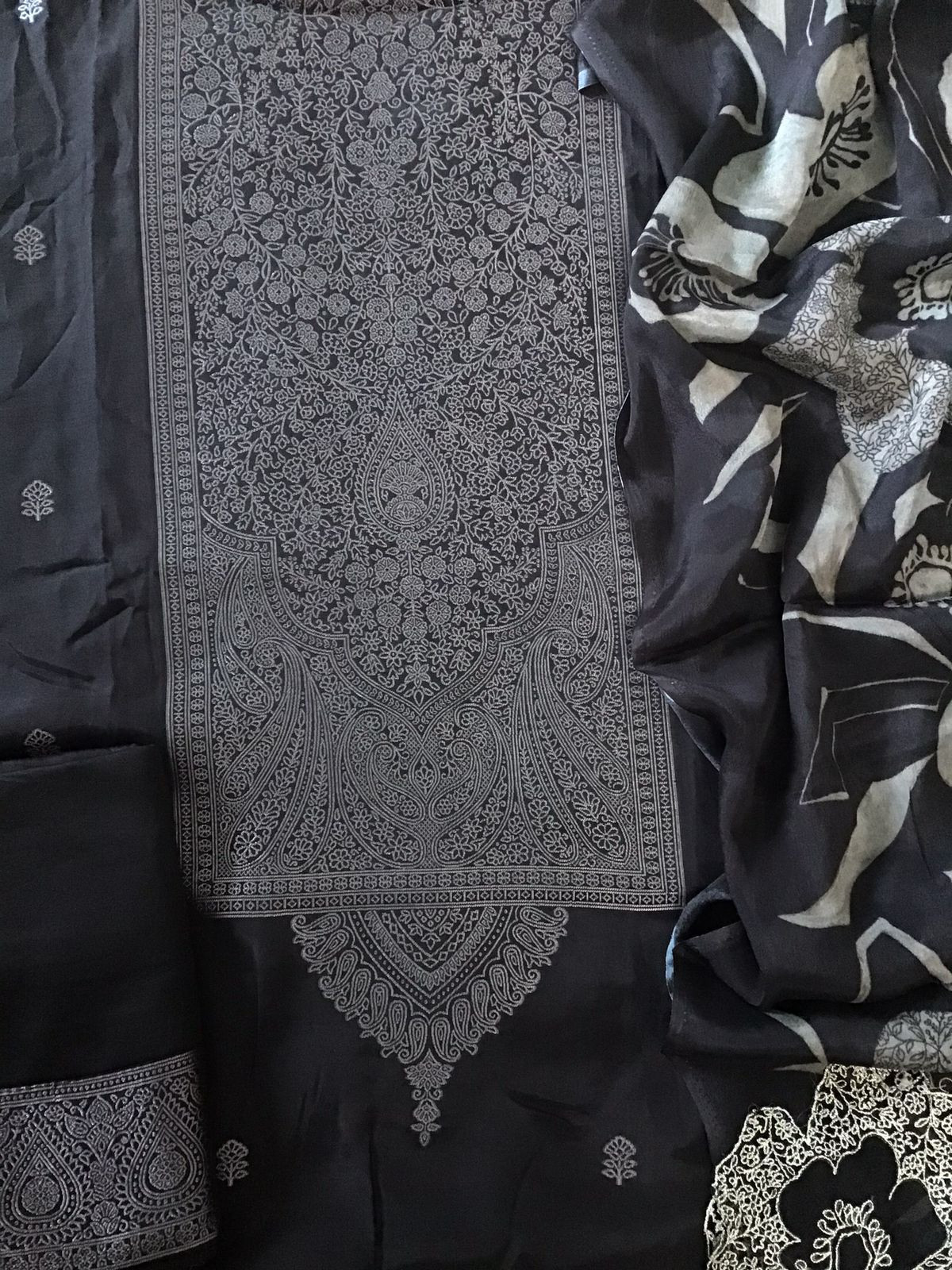 Pure Upada Silk Printed Banarasi Weaved Embroidered Suit - Black