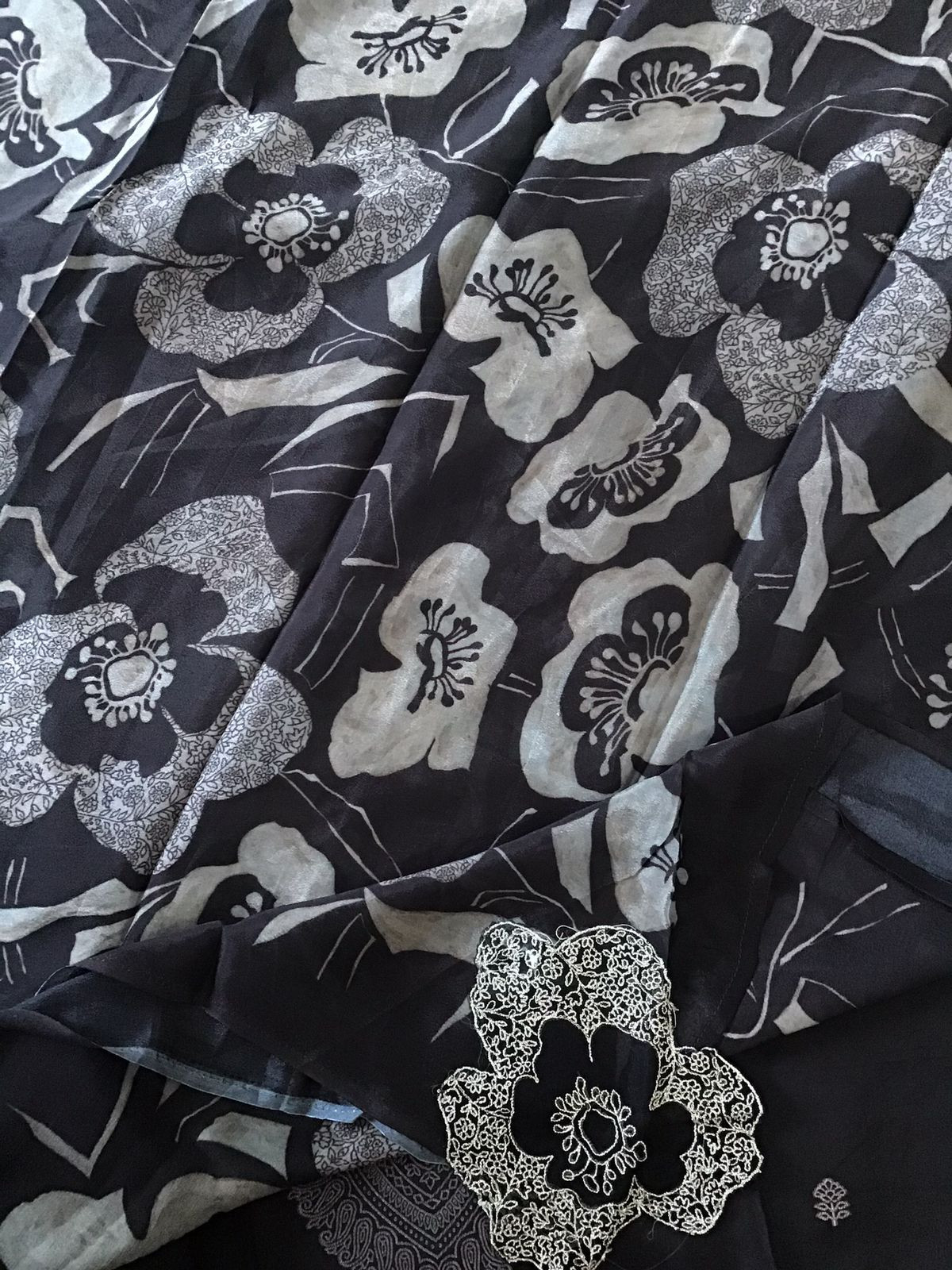 Pure Upada Silk Printed Banarasi Weaved Embroidered Suit - Black