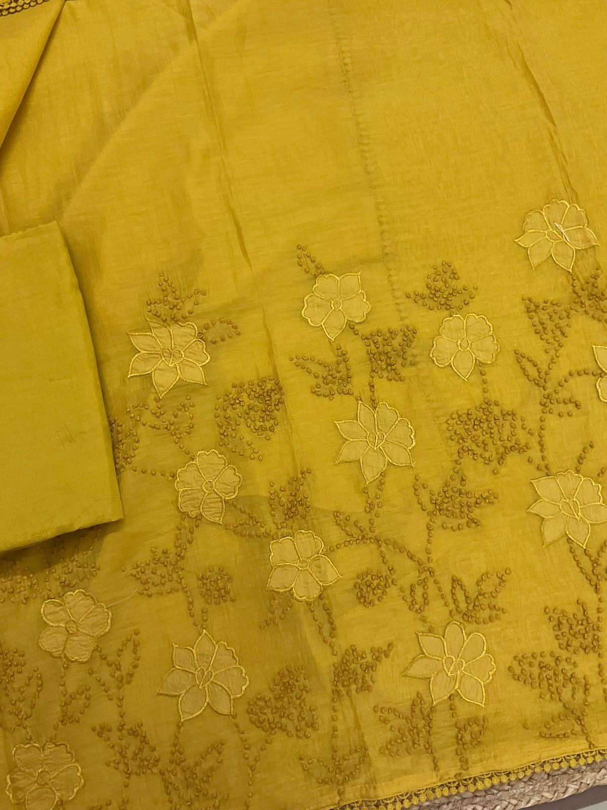 Pure Mul Chanderi Embroidered Suit - Yellow