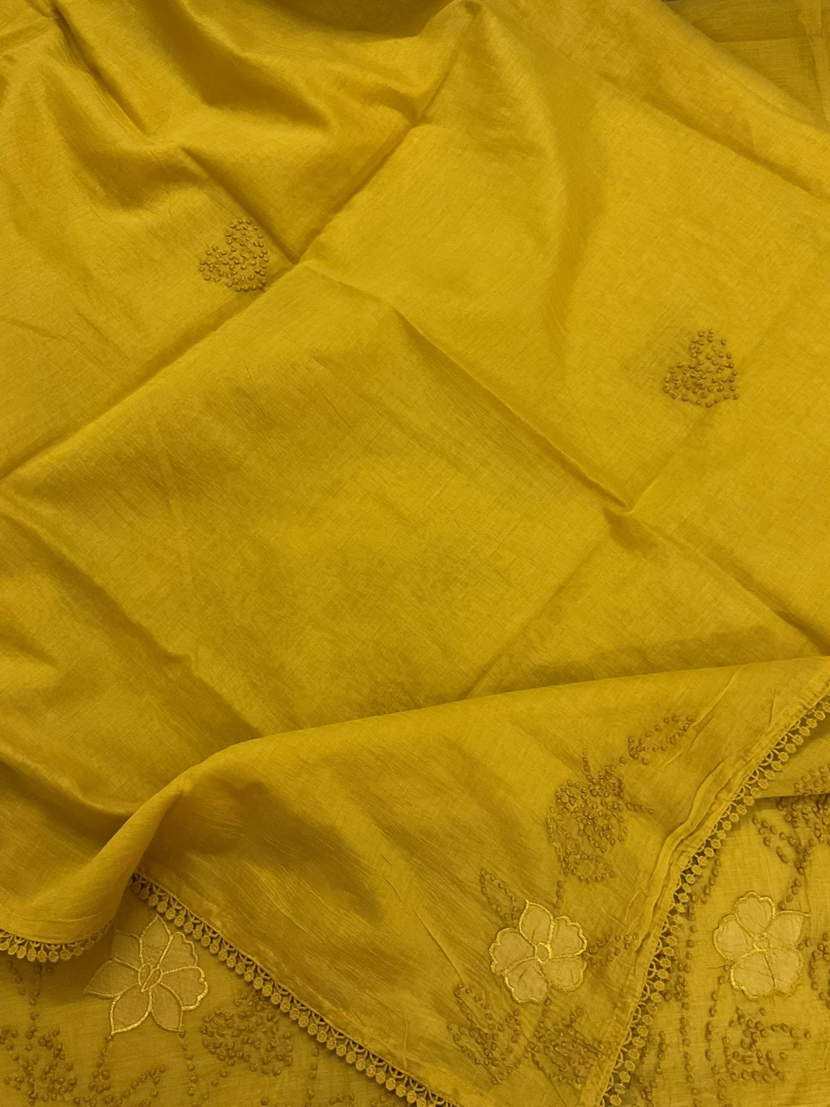 Pure Mul Chanderi Embroidered Suit - Yellow