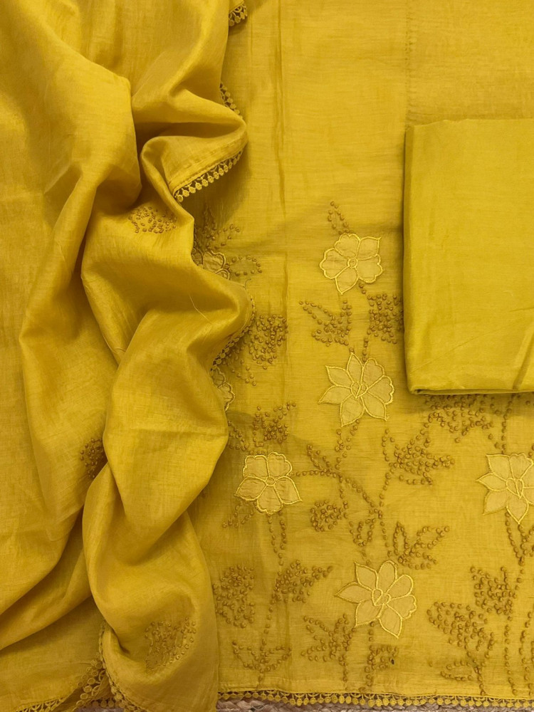 Image of Pure Mul Chanderi Embroidered Suit - Yellow