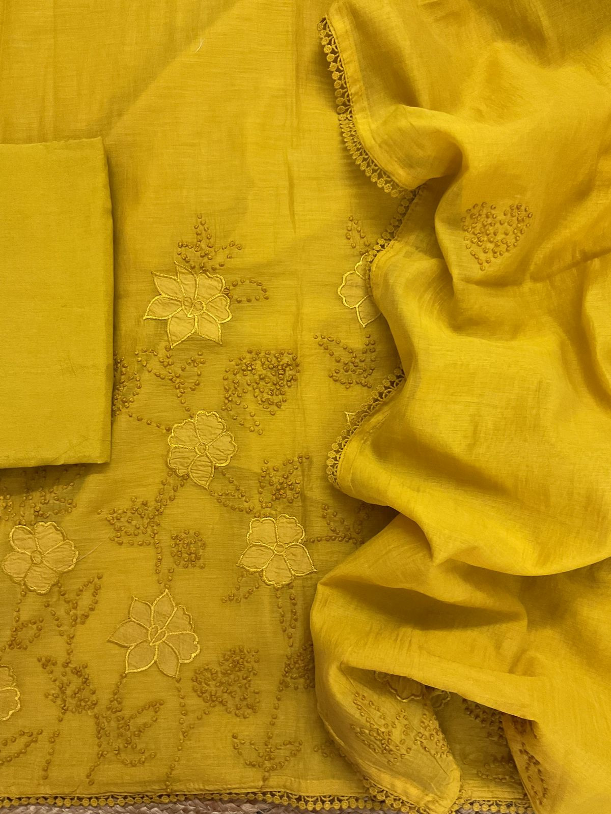 Pure Mul Chanderi Embroidered Suit - Yellow