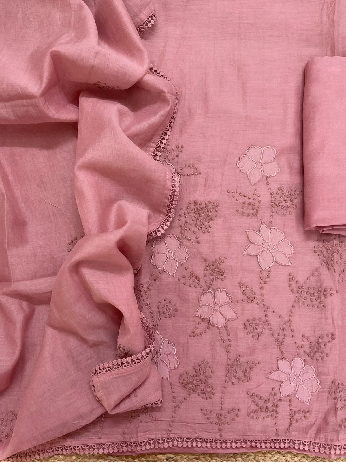 Pure Mul Chanderi Embroidered Suit - Pink