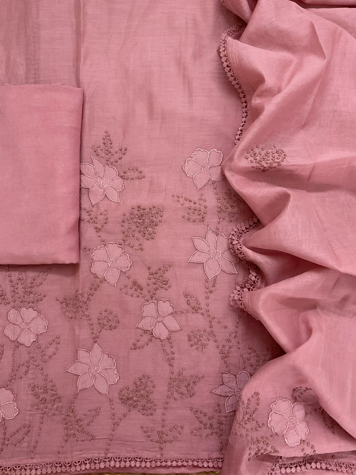 Pure Mul Chanderi Embroidered Suit - Pink
