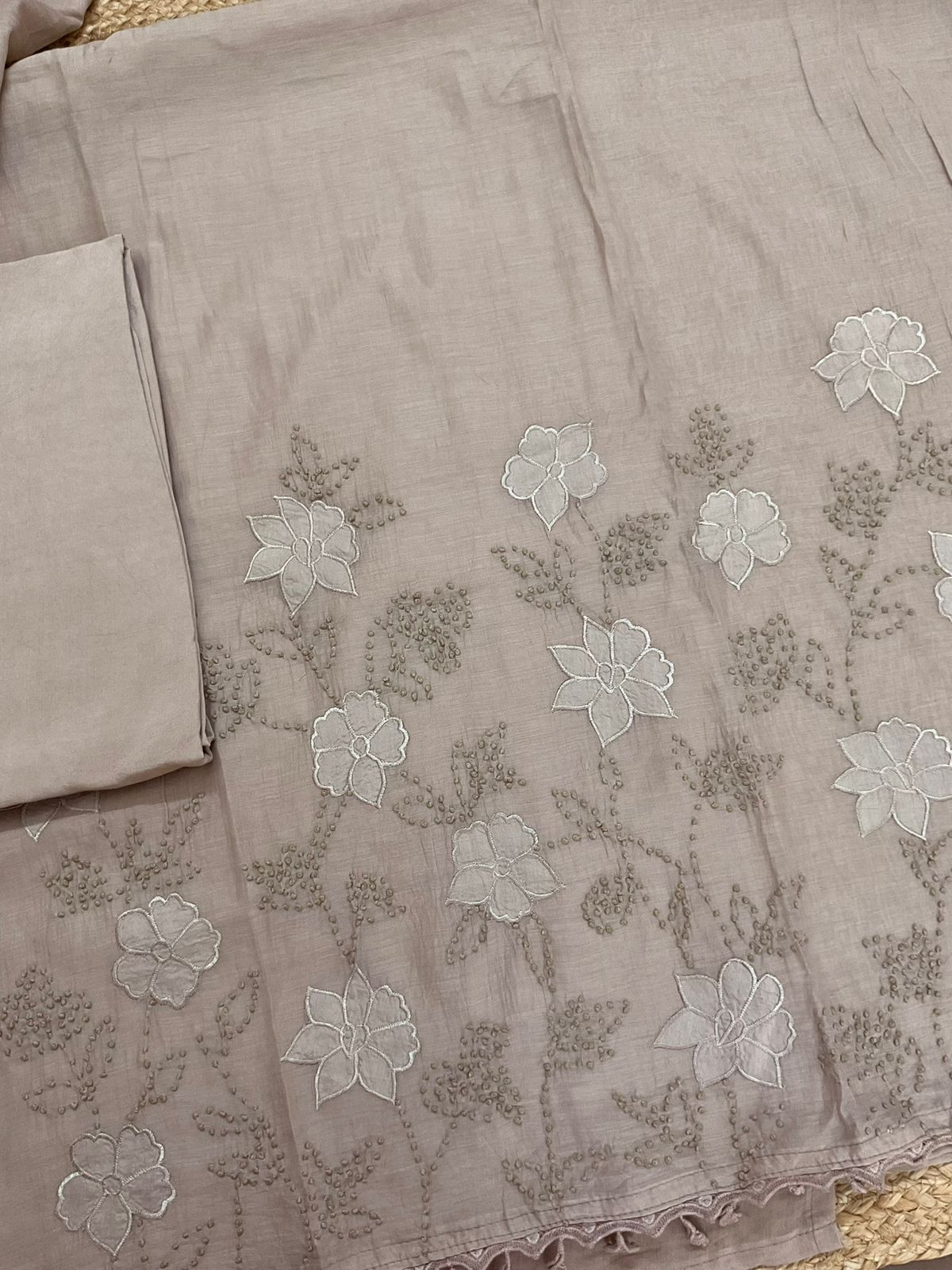 Pure Mul Chanderi Embroidered Suit - Beige