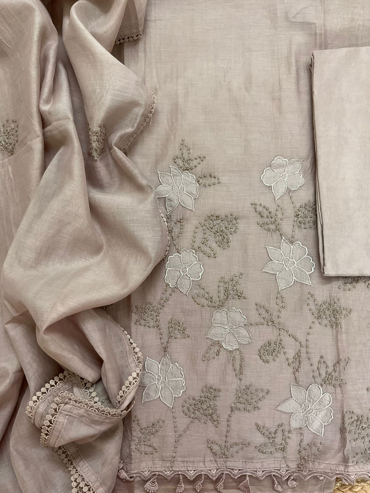 Pure Mul Chanderi Embroidered Suit - Beige