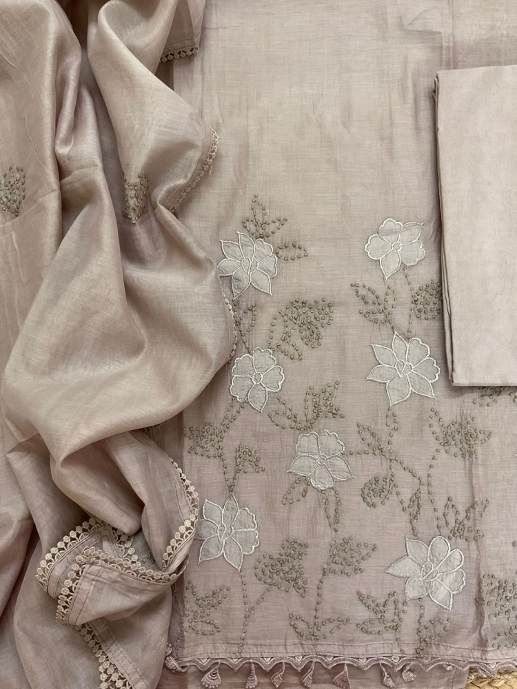 Image of Pure Mul Chanderi Embroidered Suit - Beige