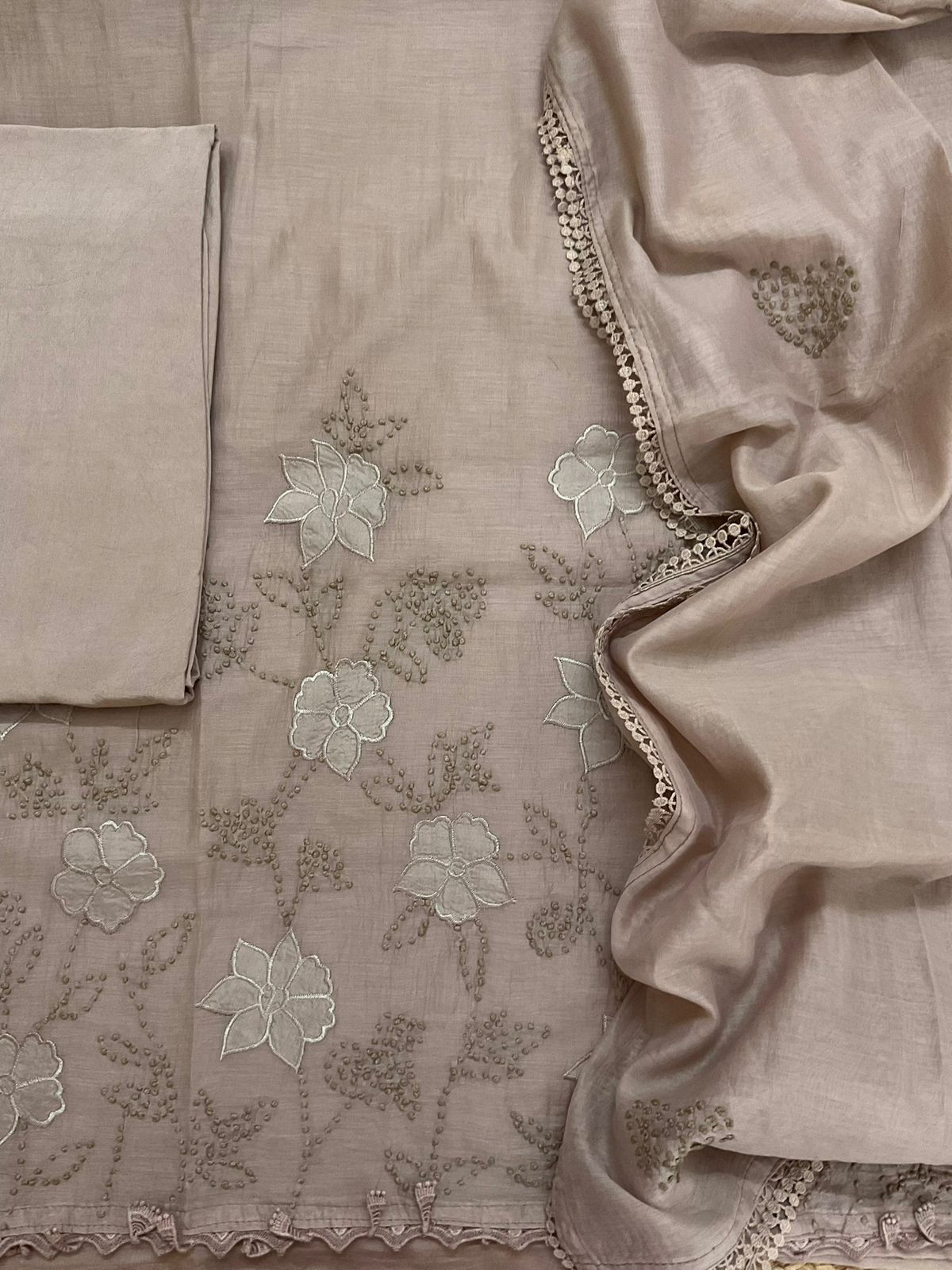 Pure Mul Chanderi Embroidered Suit - Beige