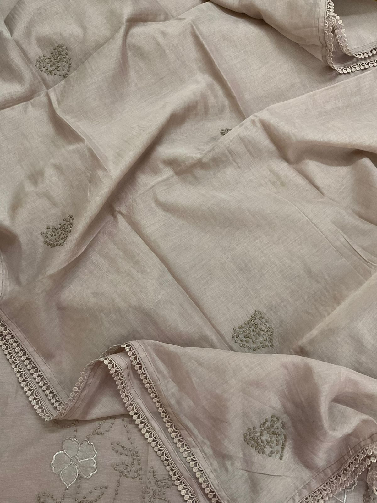Pure Mul Chanderi Embroidered Suit - Beige
