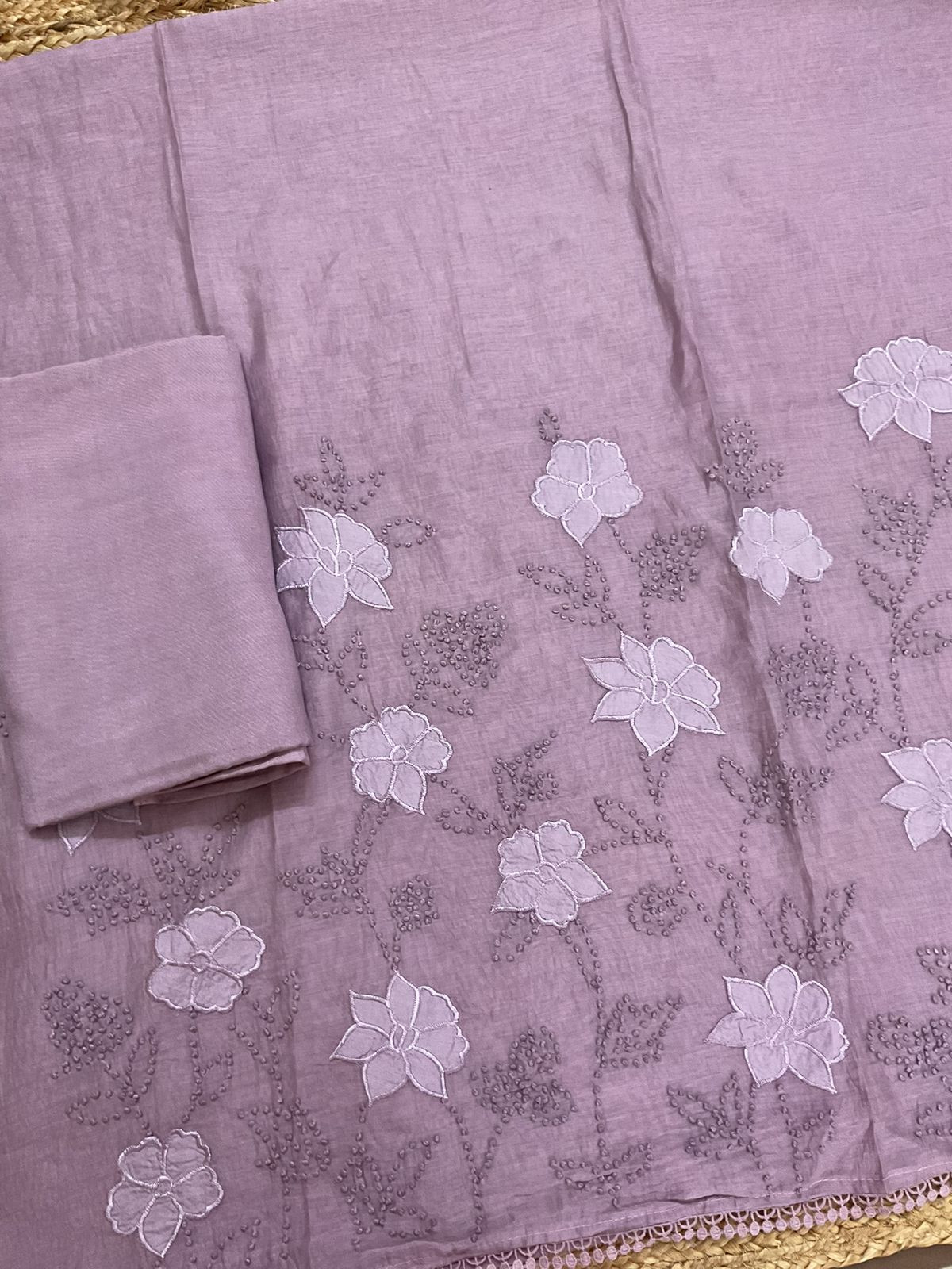 Pure Mul Chanderi Embroidered Suit - Lavender