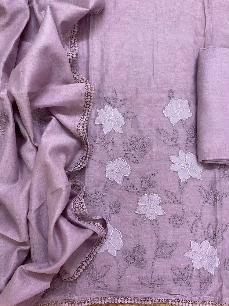 Image of Pure Mul Chanderi Embroidered Suit - Lavender