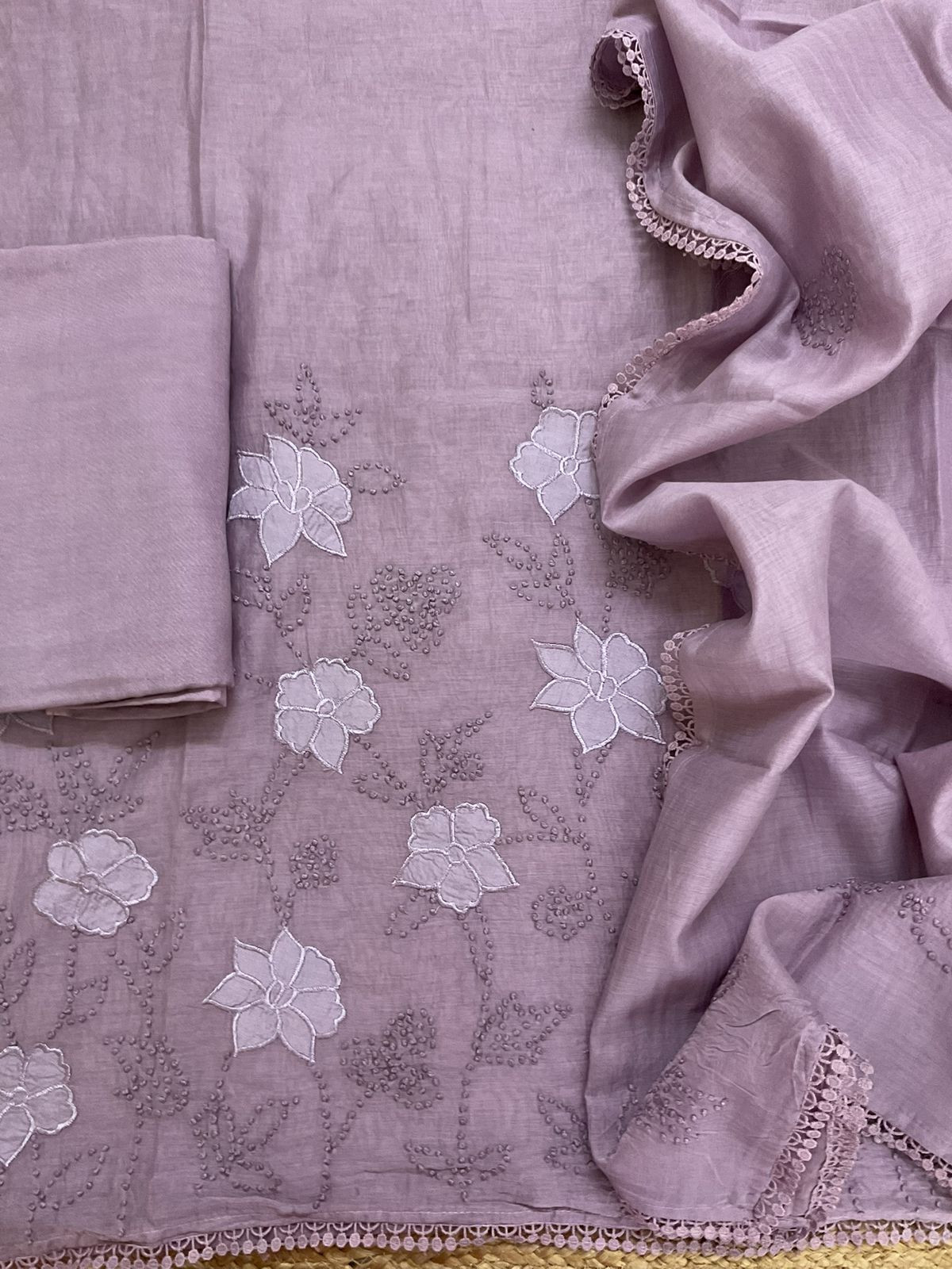 Pure Mul Chanderi Embroidered Suit - Lavender