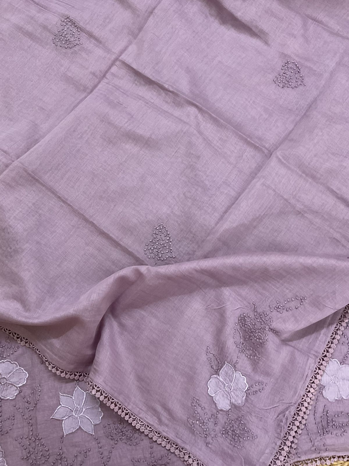 Pure Mul Chanderi Embroidered Suit - Lavender