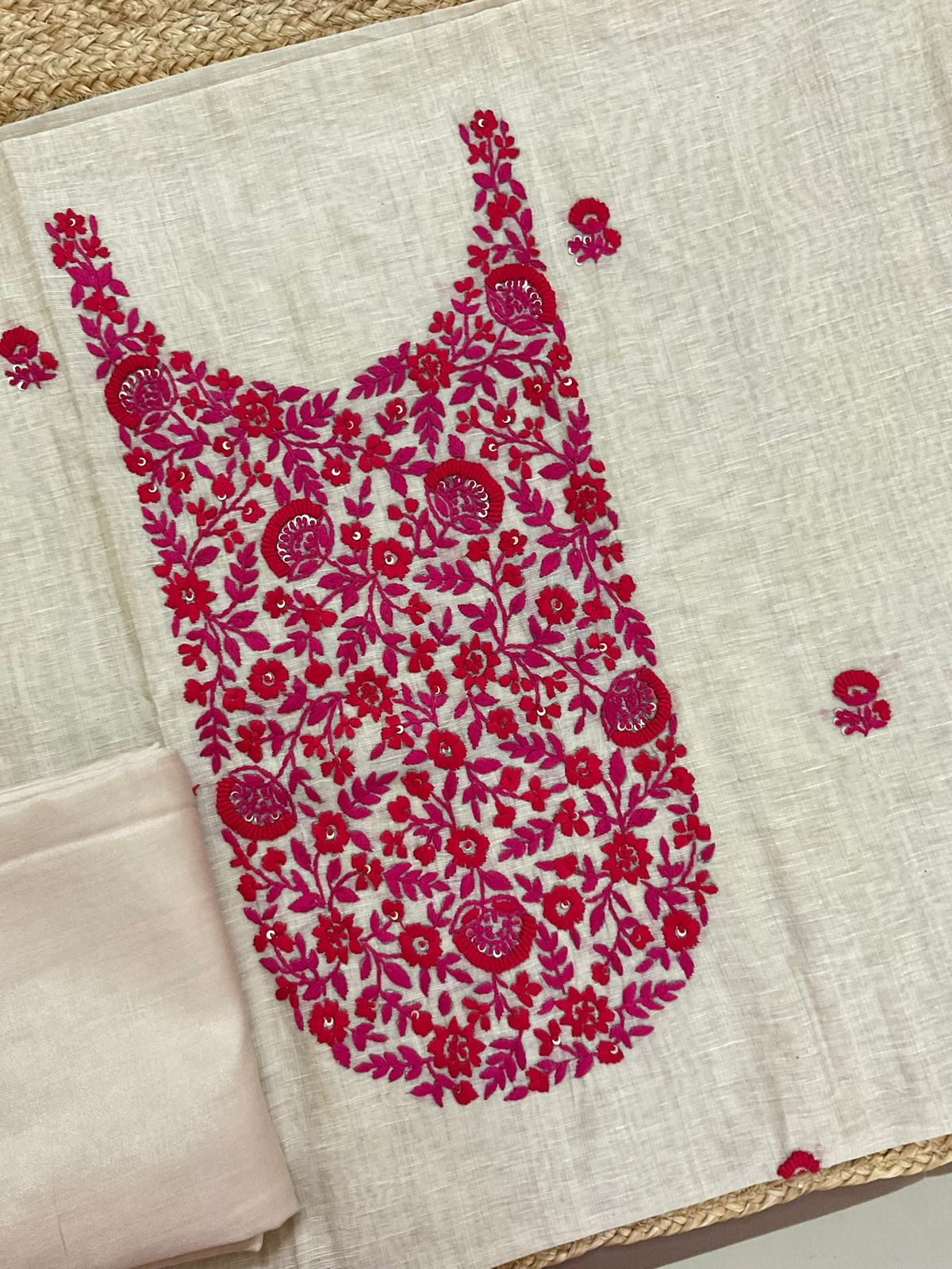 Pure Slub Chanderi Jamdani Weaved Embroidered Suit - Beige