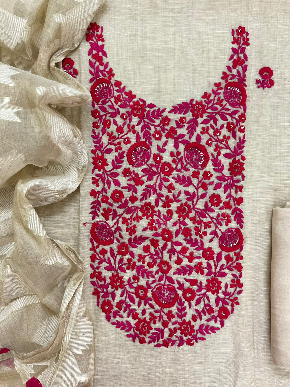 Pure Slub Chanderi Jamdani Weaved Embroidered Suit - Beige