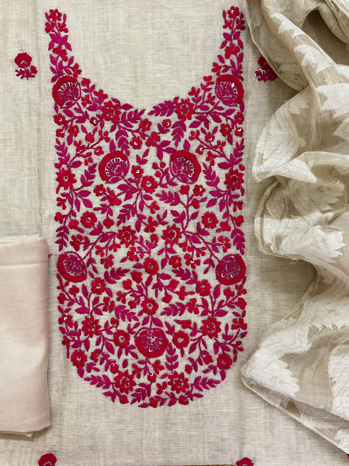 Pure Slub Chanderi Jamdani Weaved Embroidered Suit - Beige