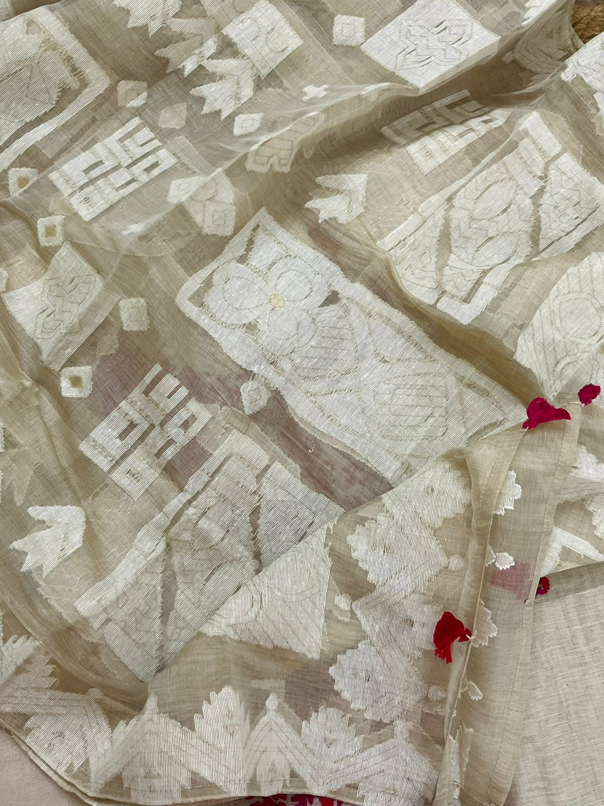 Pure Slub Chanderi Jamdani Weaved Embroidered Suit - Beige