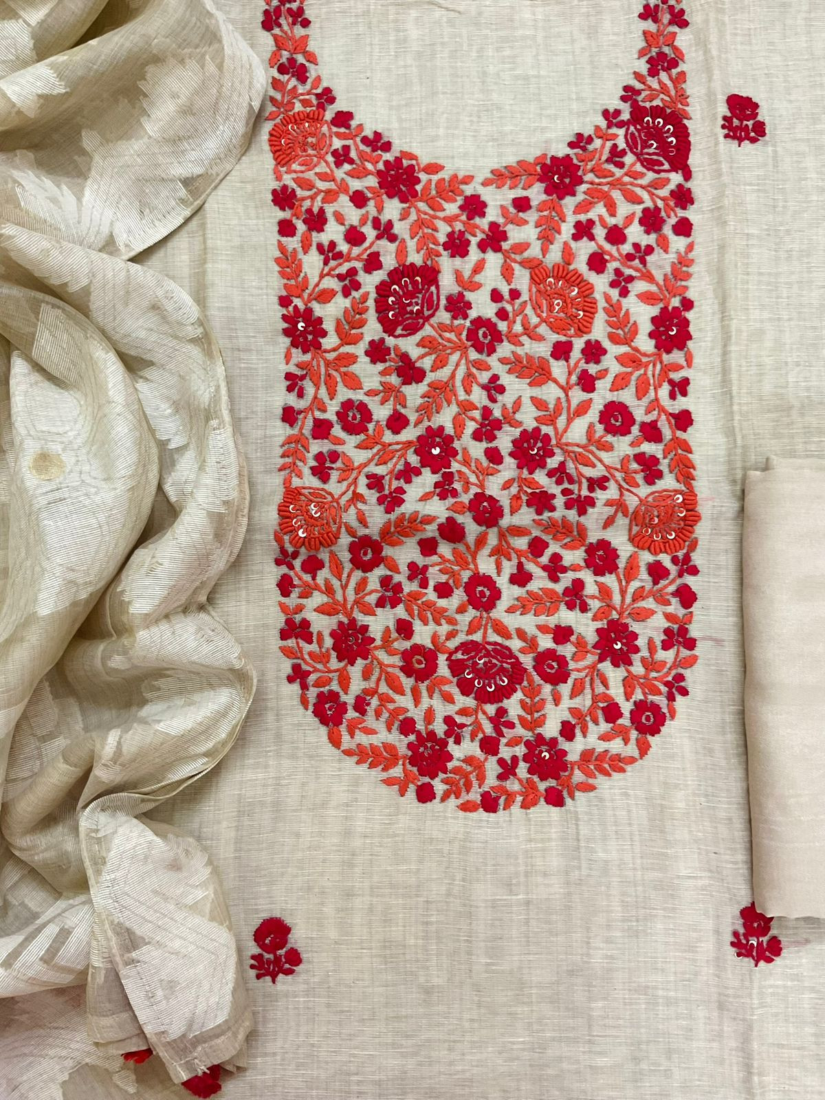 Pure Slub Chanderi Jamdani Weaved Embroidered Suit - Beige