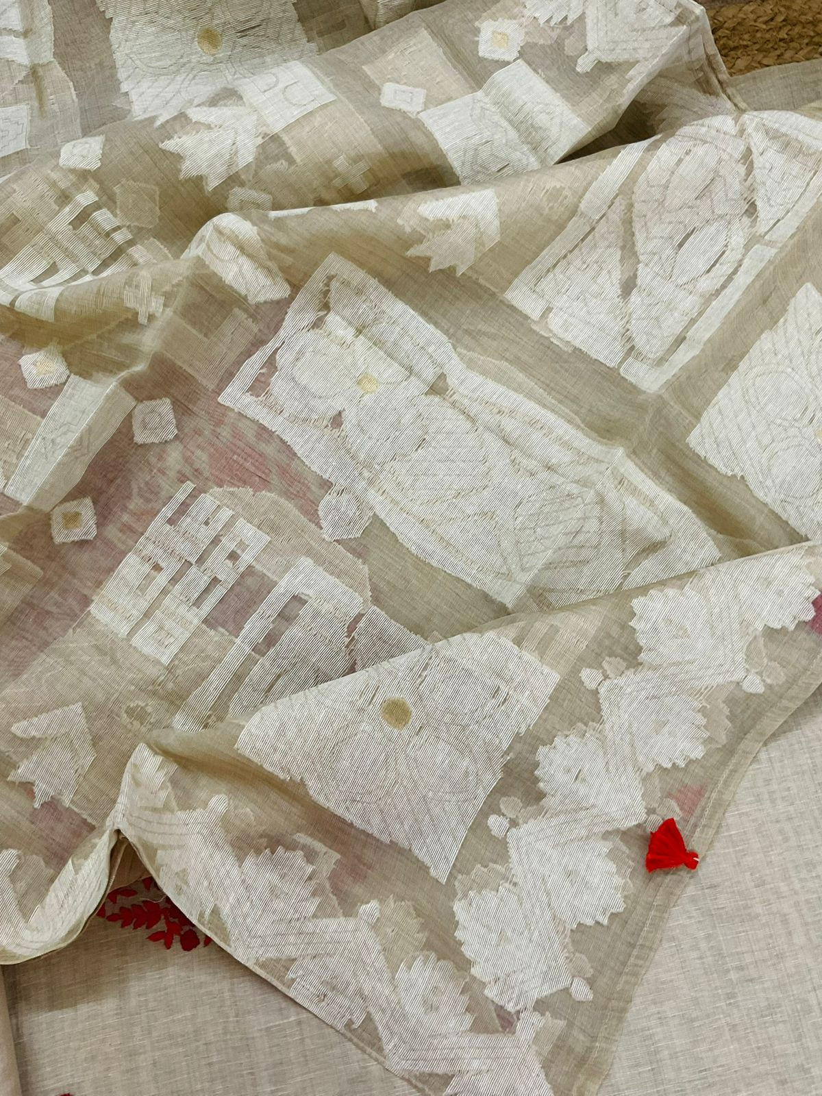 Pure Slub Chanderi Jamdani Weaved Embroidered Suit - Beige