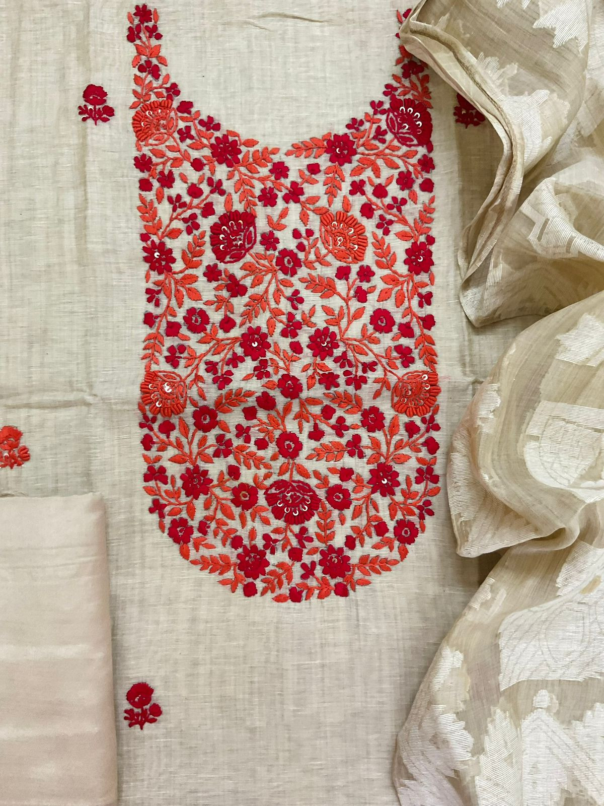 Pure Slub Chanderi Jamdani Weaved Embroidered Suit - Beige