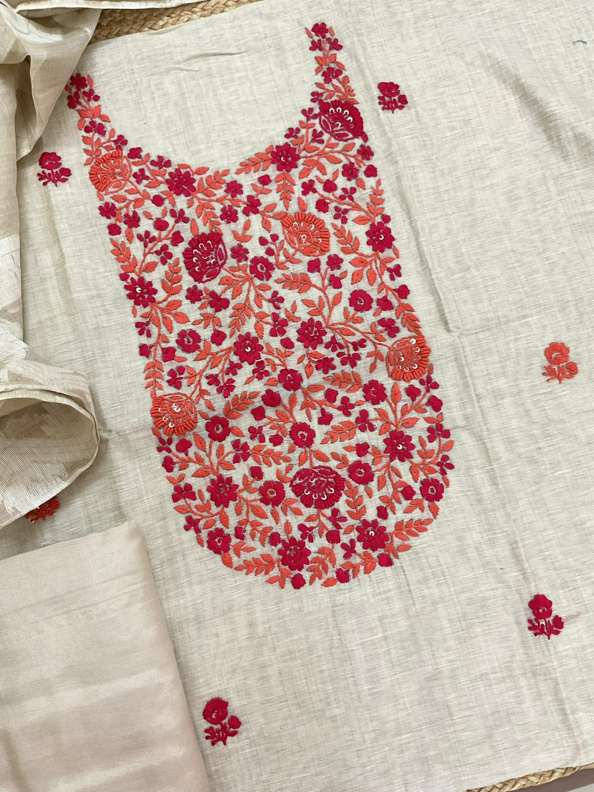 Pure Slub Chanderi Jamdani Weaved Embroidered Suit - Beige