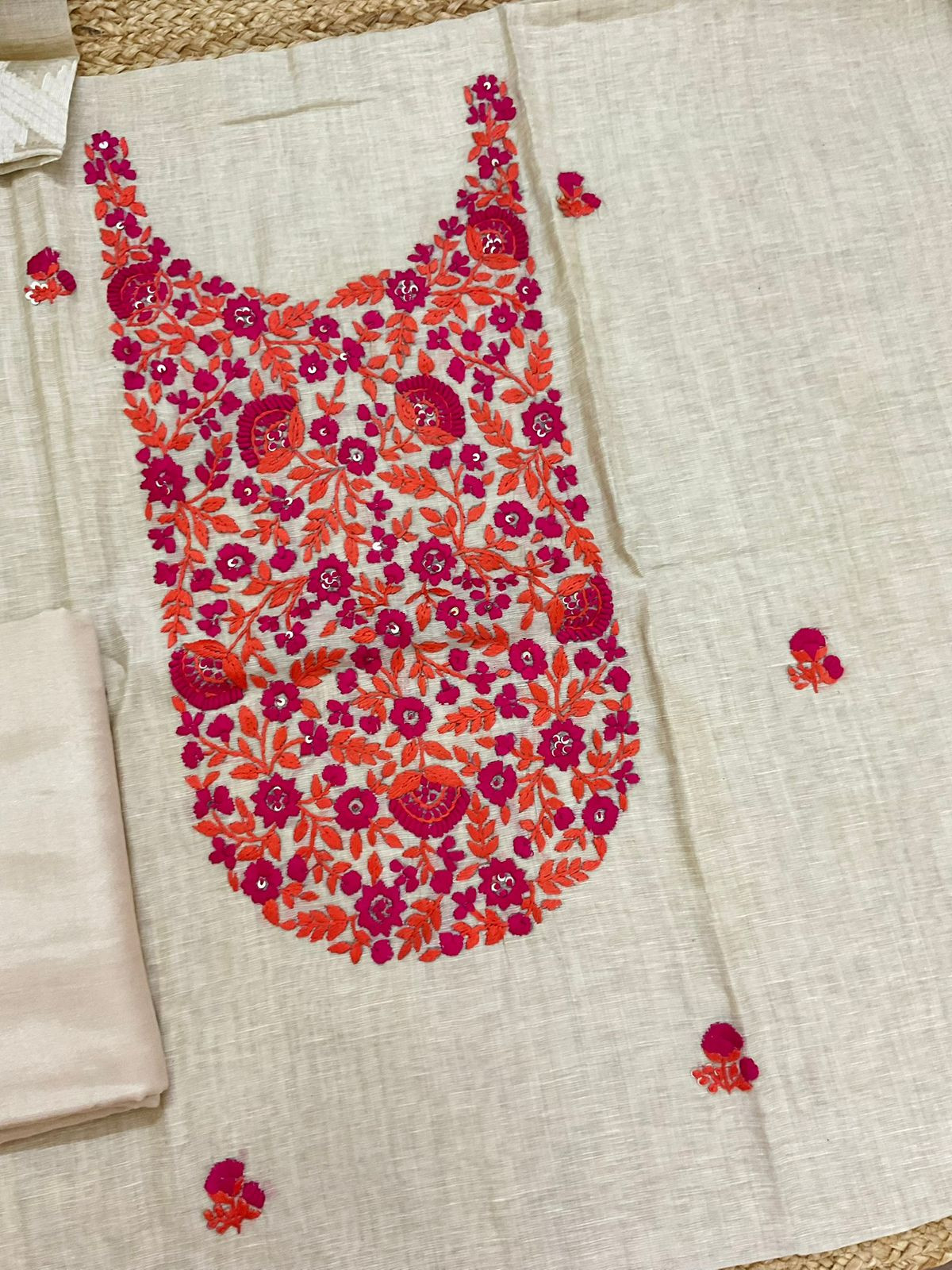 Pure Slub Chanderi Jamdani Weaved Embroidered Suit - Beige