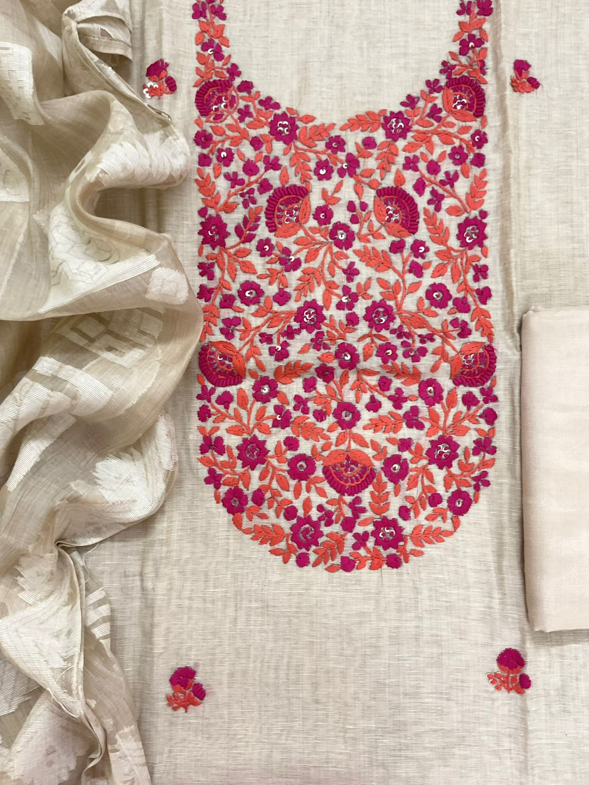 Pure Slub Chanderi Jamdani Weaved Embroidered Suit - Beige