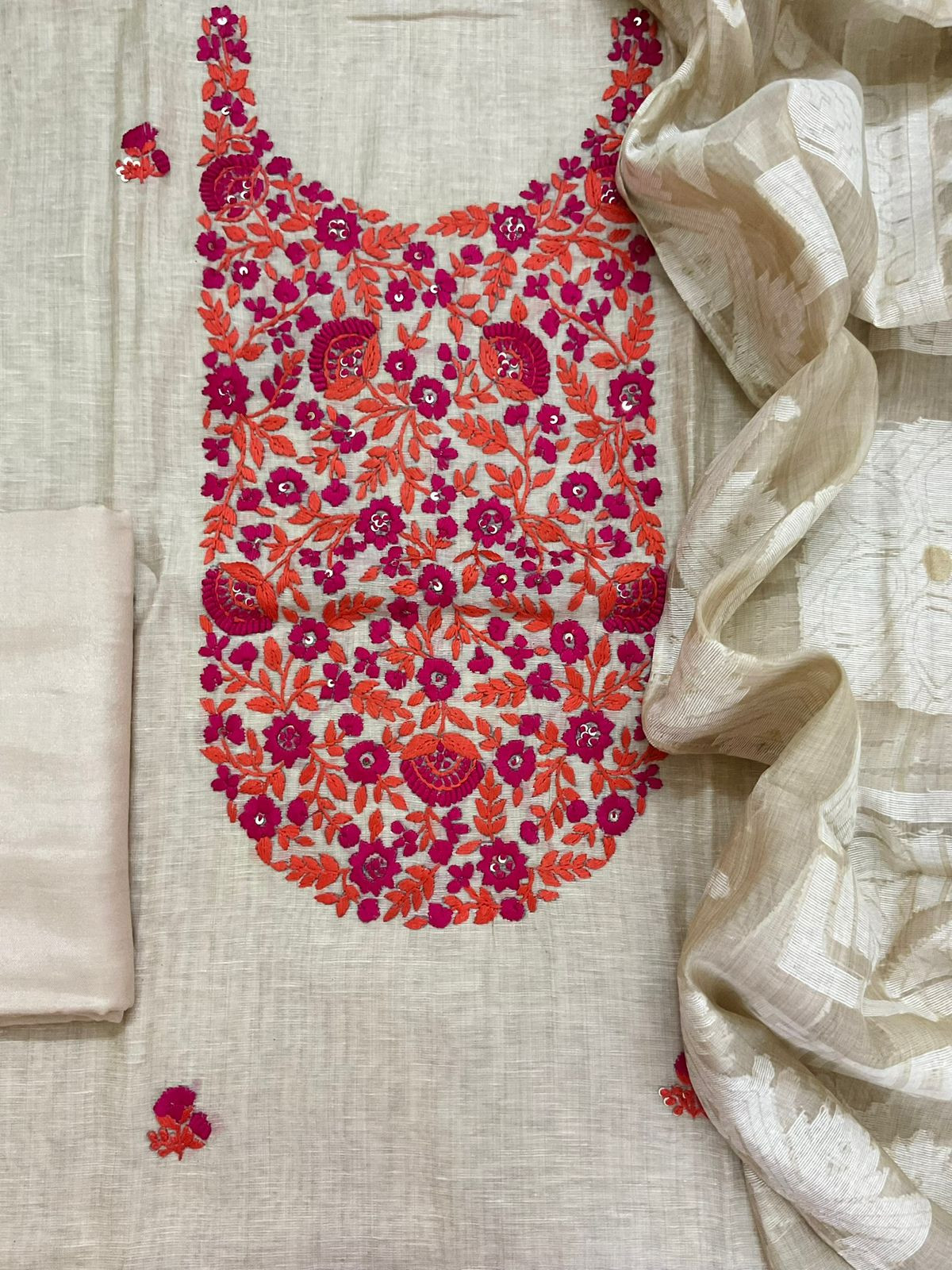 Pure Slub Chanderi Jamdani Weaved Embroidered Suit - Beige