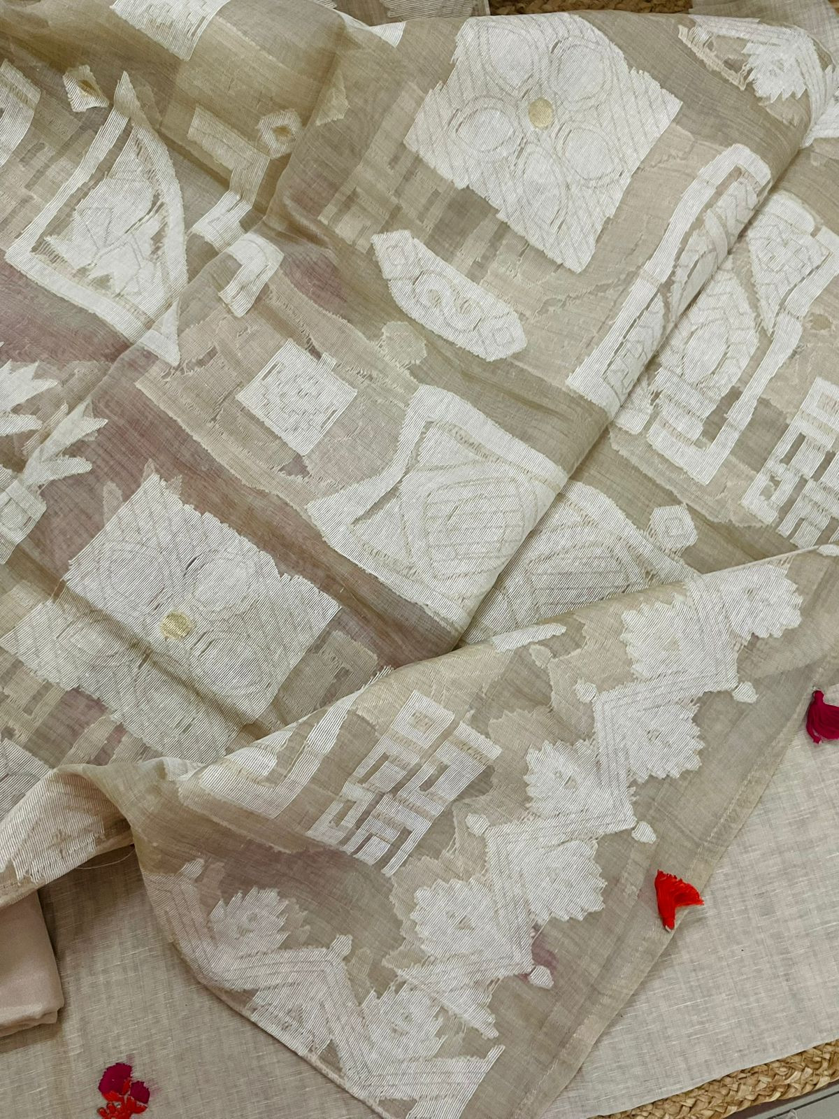 Pure Slub Chanderi Jamdani Weaved Embroidered Suit - Beige