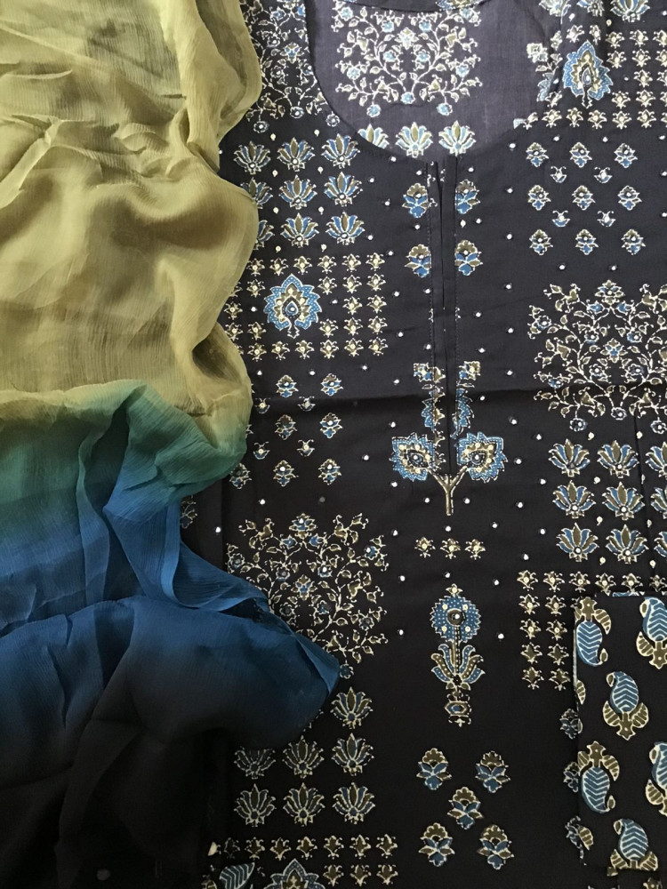 Image of Pure Cotton Printed Embroidered Suit - Brownish Black