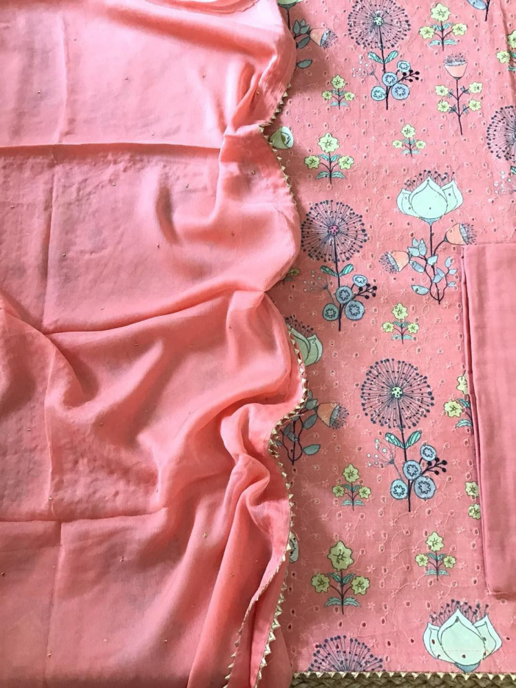 Image of Pure Cotton Printed Embroidered Suit - Peach