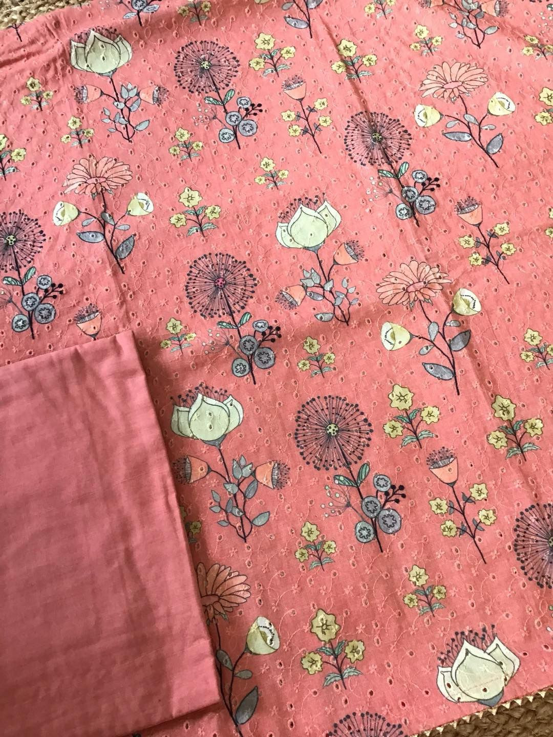 Pure Cotton Printed Embroidered Suit - Peach