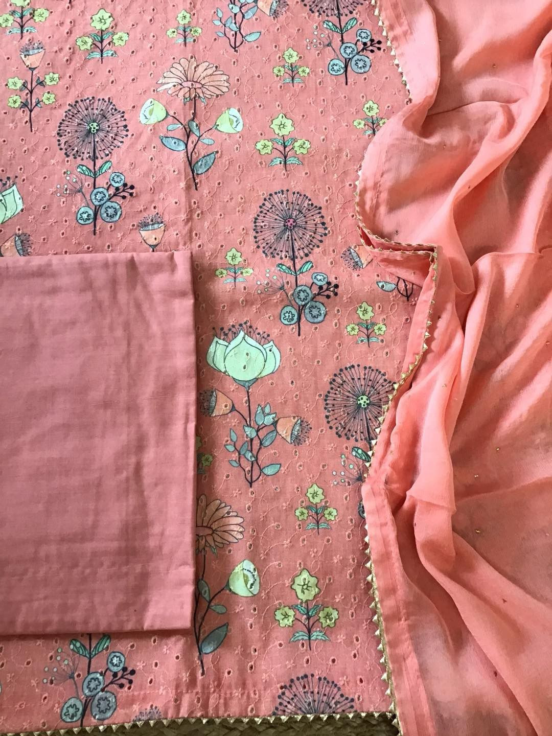 Pure Cotton Printed Embroidered Suit - Peach