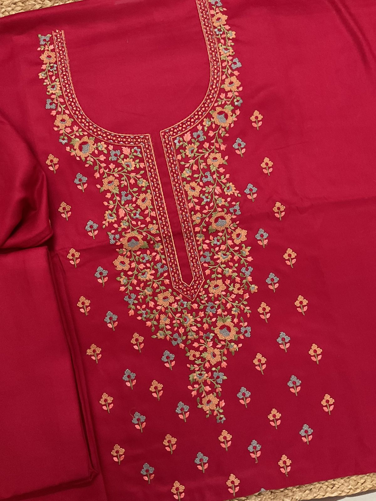 Soft Woollen Spun Silk Embroidered Suit - Red