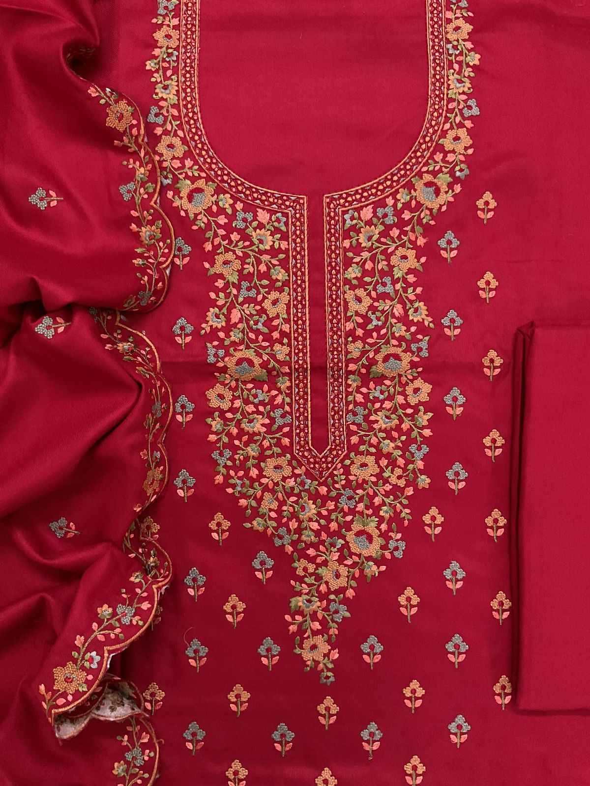 Soft Woollen Spun Silk Embroidered Suit - Red