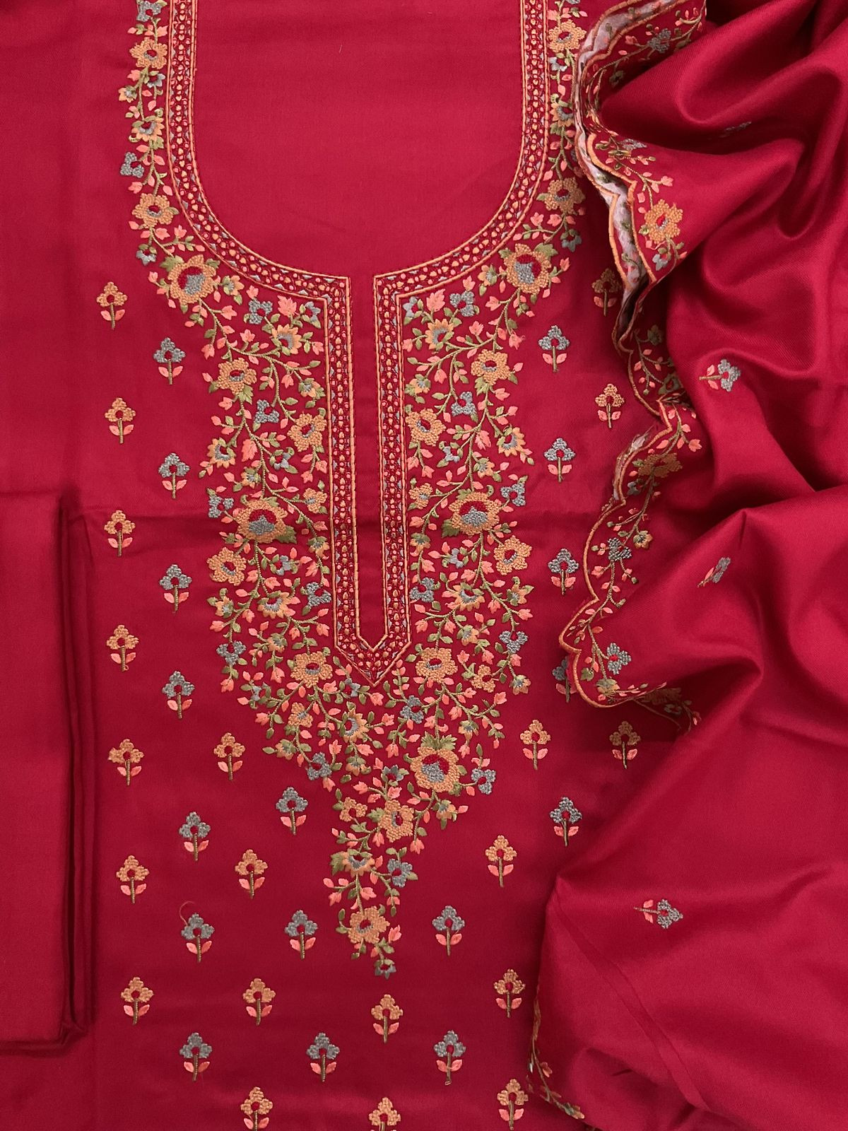 Soft Woollen Spun Silk Embroidered Suit - Red
