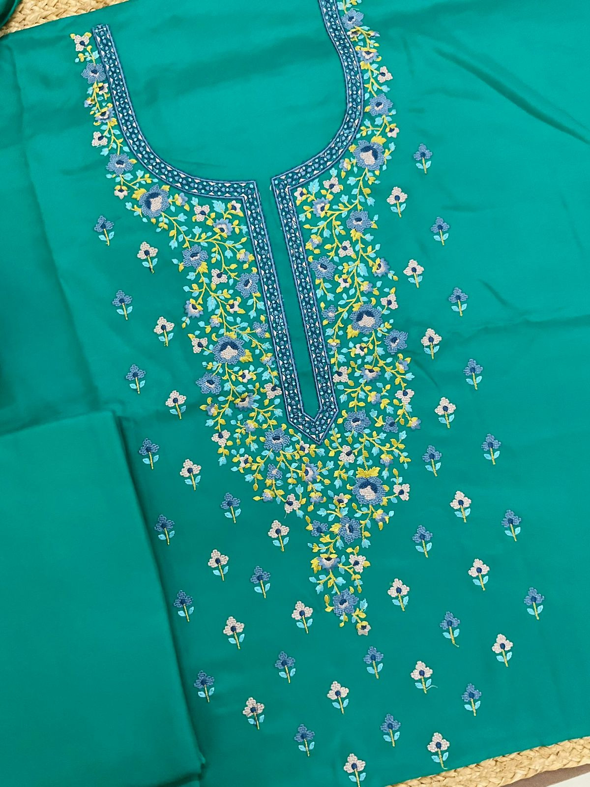 Soft Woollen Spun Silk Embroidered Suit - Bluish Green