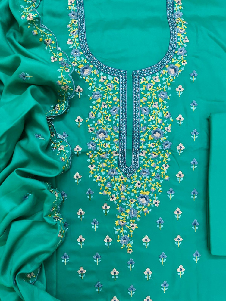 Image of Soft Woollen Spun Silk Embroidered Suit - Bluish Green