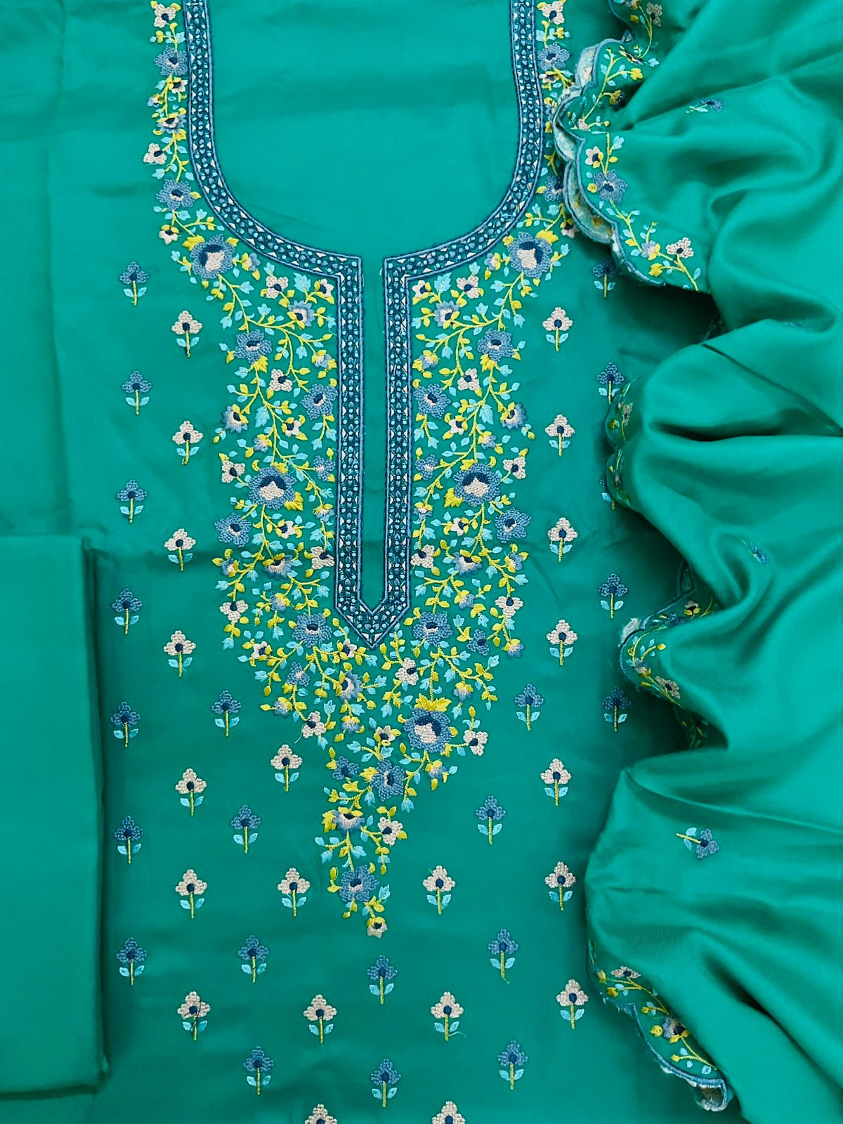 Soft Woollen Spun Silk Embroidered Suit - Bluish Green