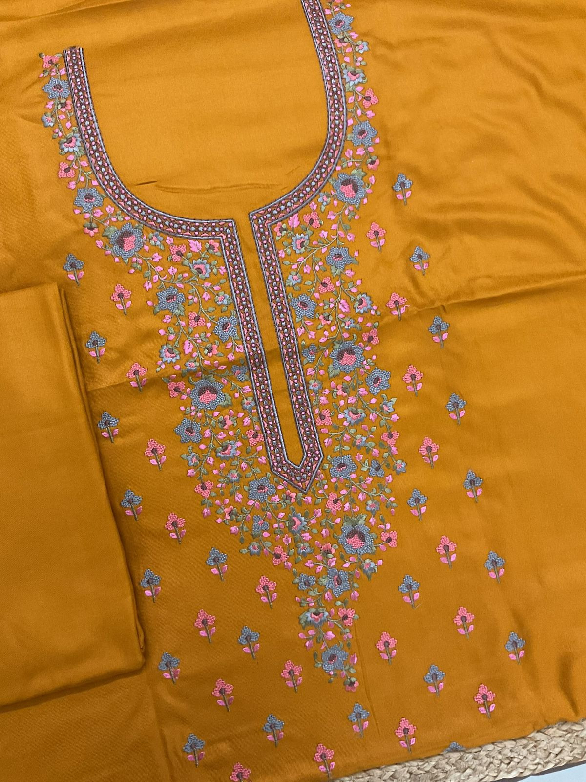 Soft Woollen Spun Silk Embroidered Suit - Orangish Yellow