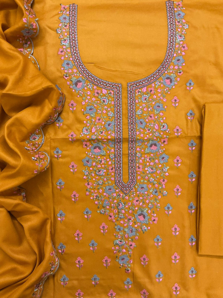 Image of Soft Woollen Spun Silk Embroidered Suit - Orangish Yellow