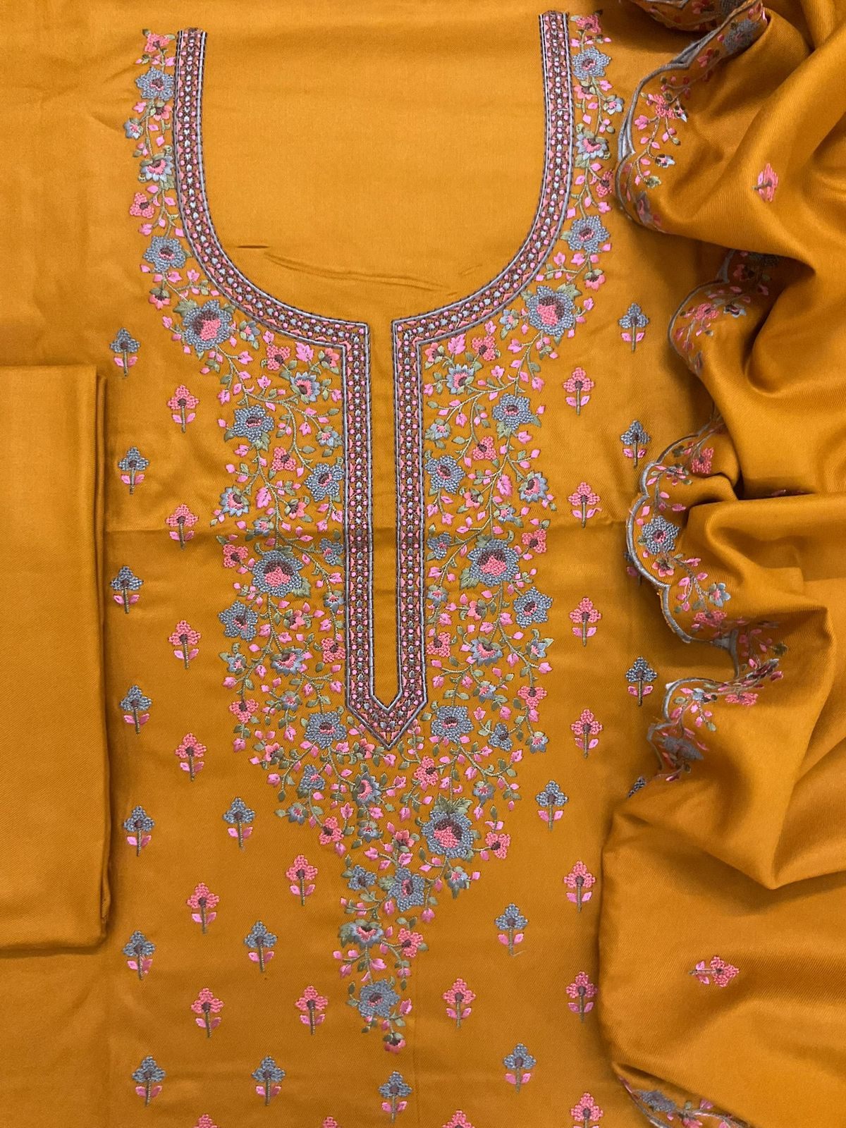Soft Woollen Spun Silk Embroidered Suit - Orangish Yellow