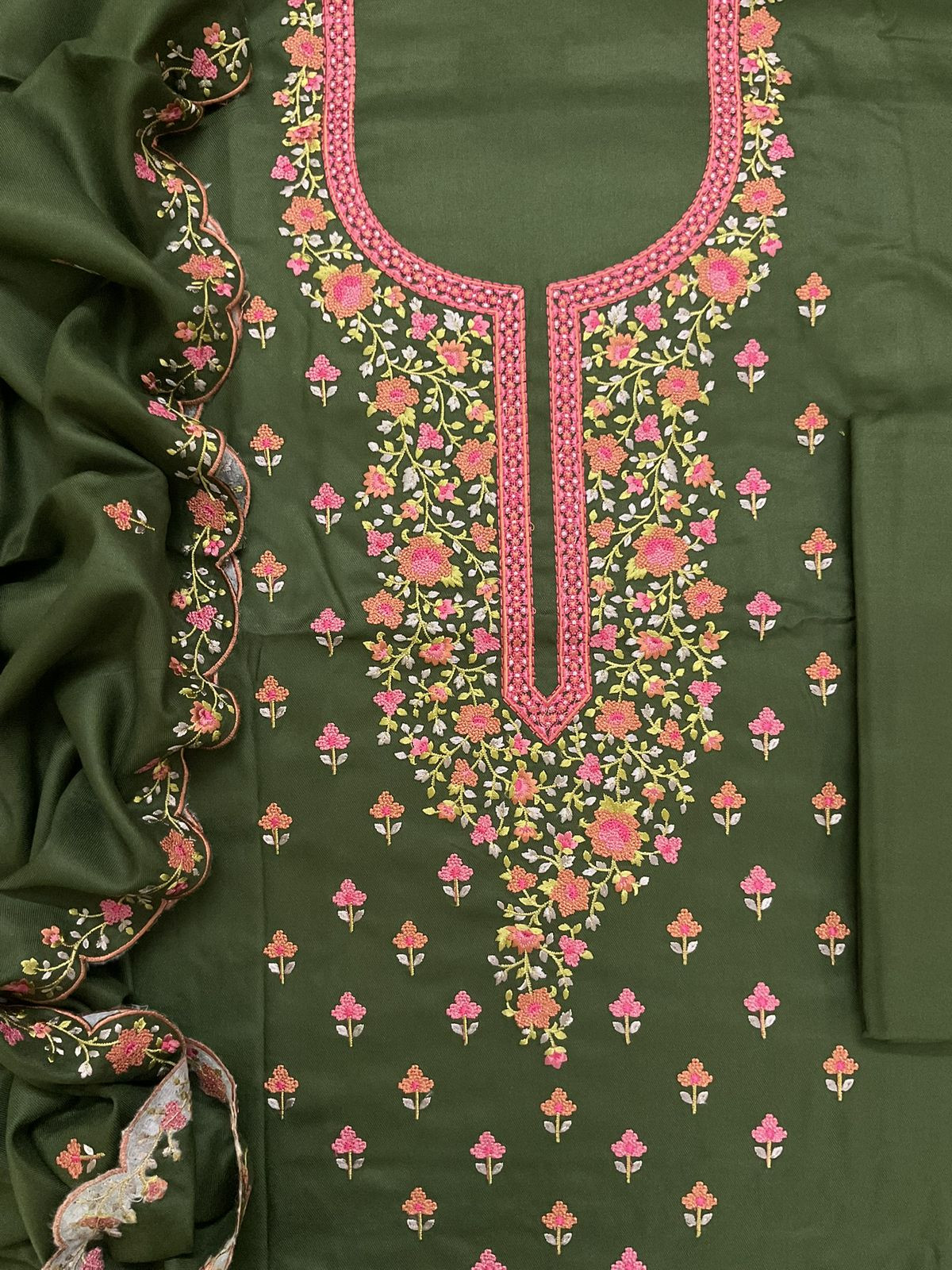 Soft Woollen Spun Silk Embroidered Suit - Green