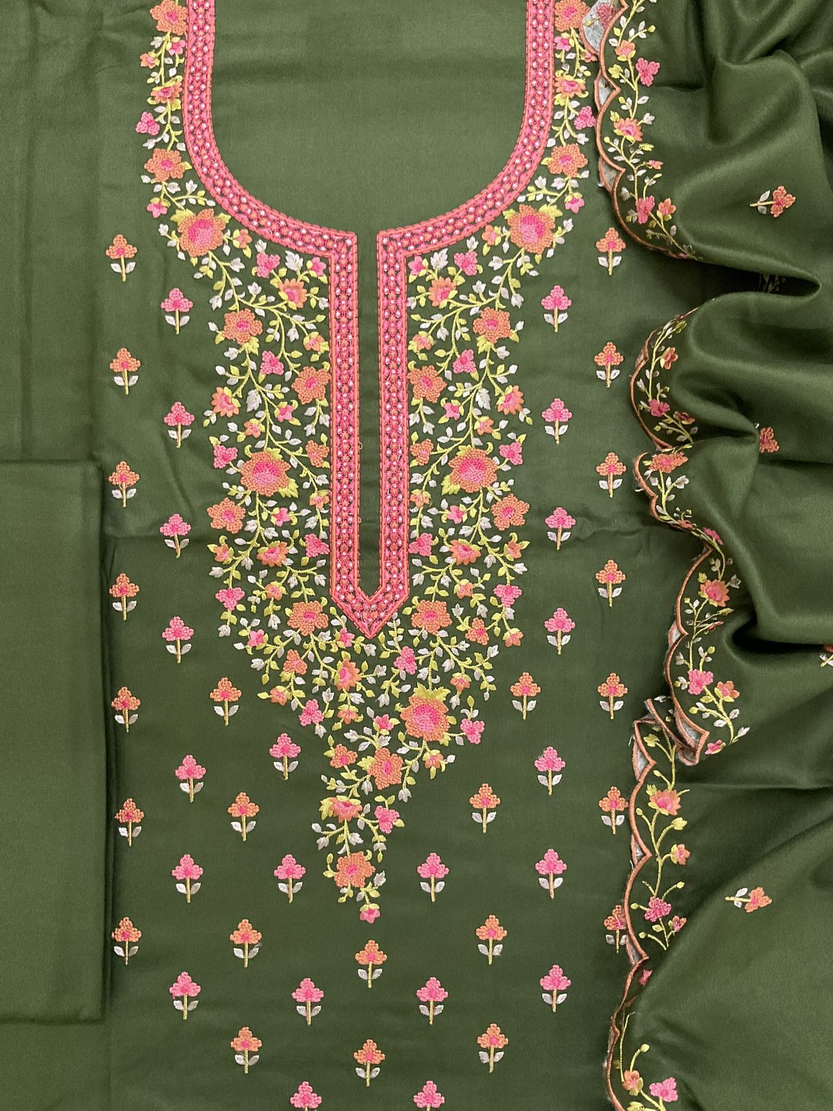 Soft Woollen Spun Silk Embroidered Suit - Green