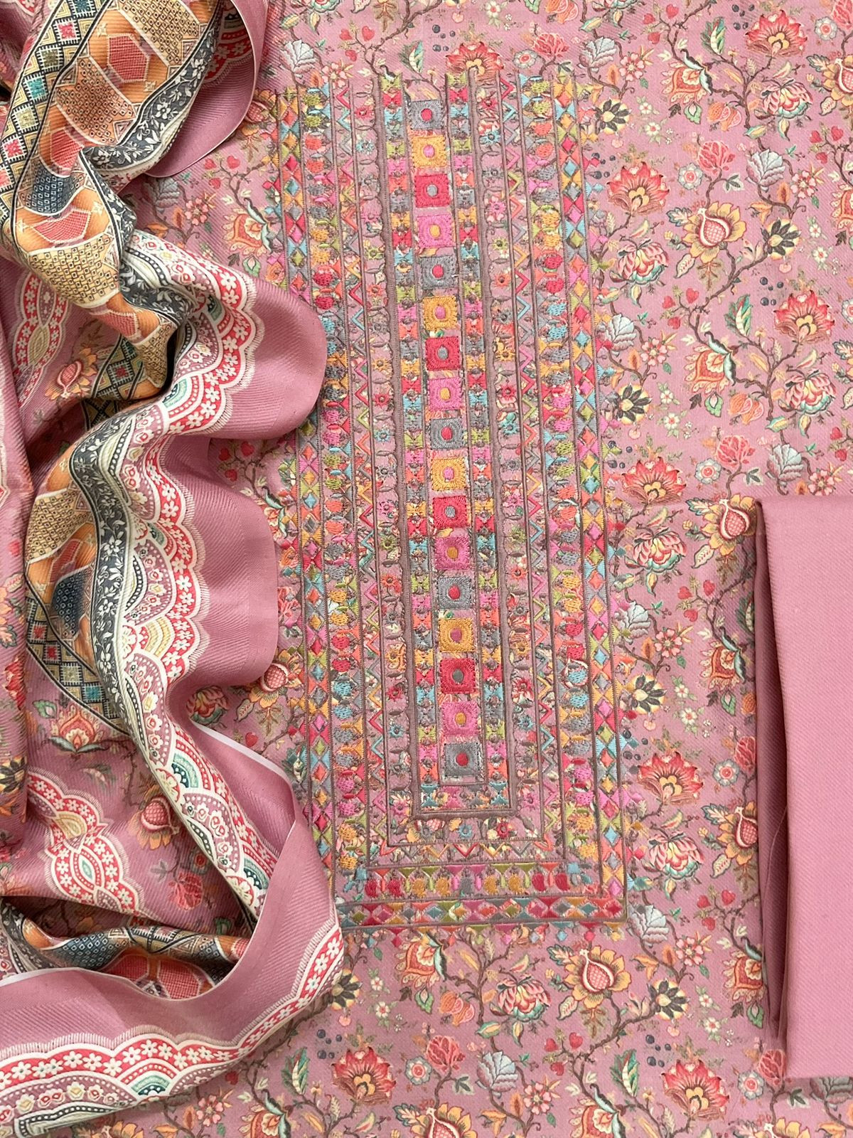 Soft Woollen Spun Silk Printed Embroidered Suit - Pink