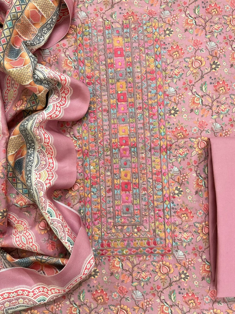 Image of Soft Woollen Spun Silk Printed Embroidered Suit - Pink