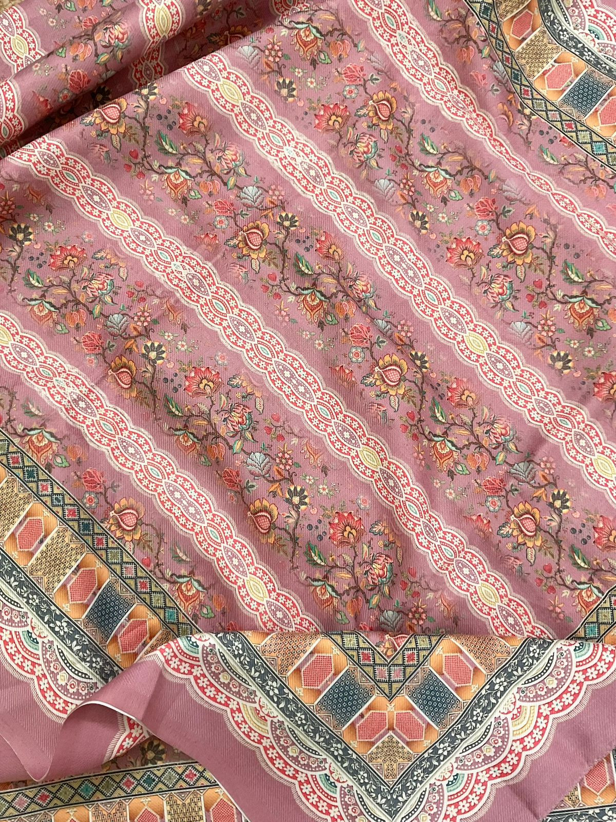 Soft Woollen Spun Silk Printed Embroidered Suit - Pink