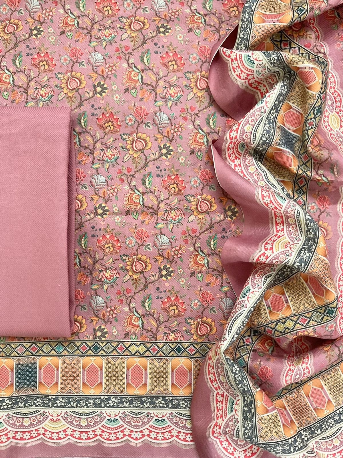 Soft Woollen Spun Silk Printed Embroidered Suit - Pink